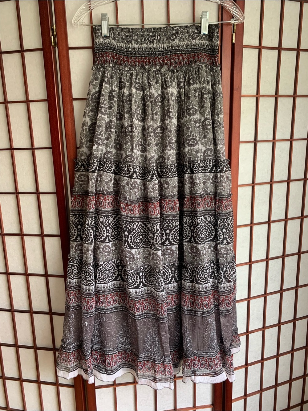 NWOT Maxi Boho Gray/Wine Multi Tiered Long Skirt by Chaudry KC in Size XS/Fits S